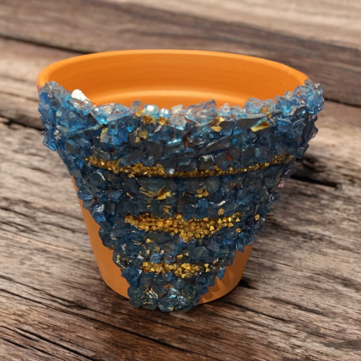 Blue and gold crystal inspired terracotta pot