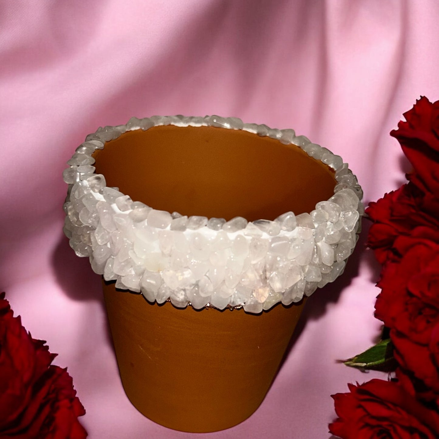 Terracotta rose quartz crystal pot