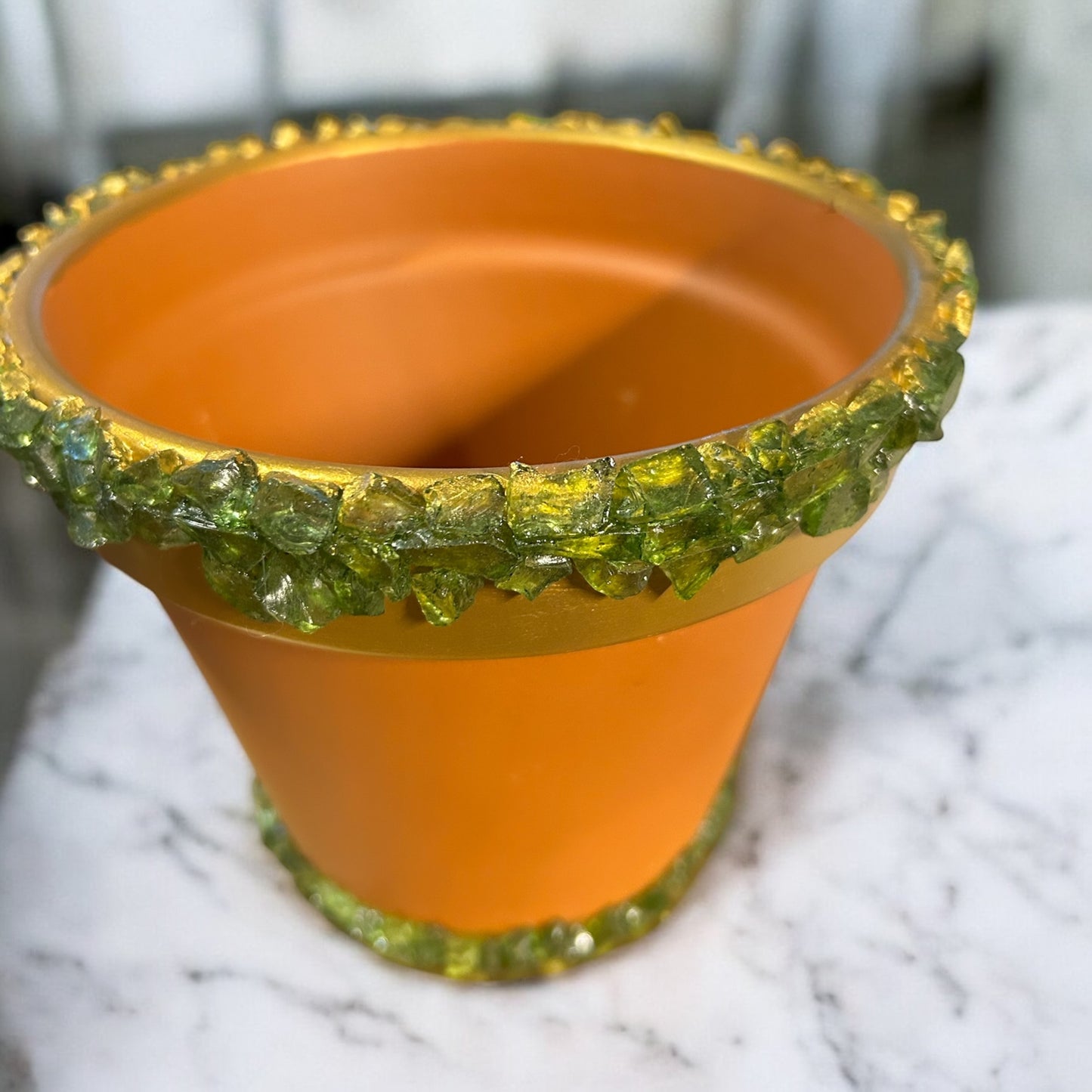 Green and gold crystal inspired terracotta pot