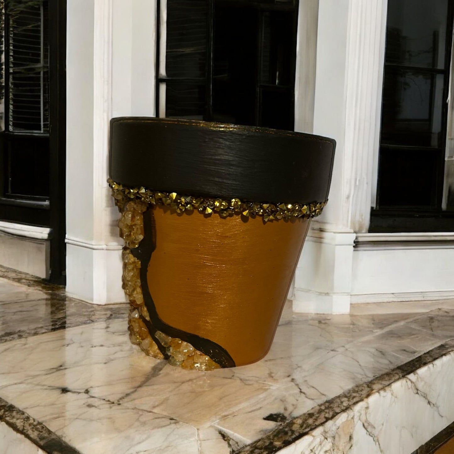 Brown and gold citrine crystal terracotta pot