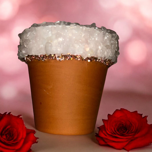 Terracotta rose quartz crystal pot