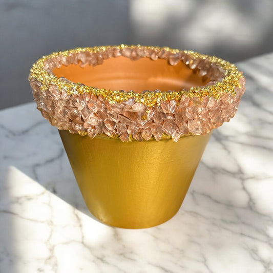 Rose quartz and gold crystal inspired terracotta pot
